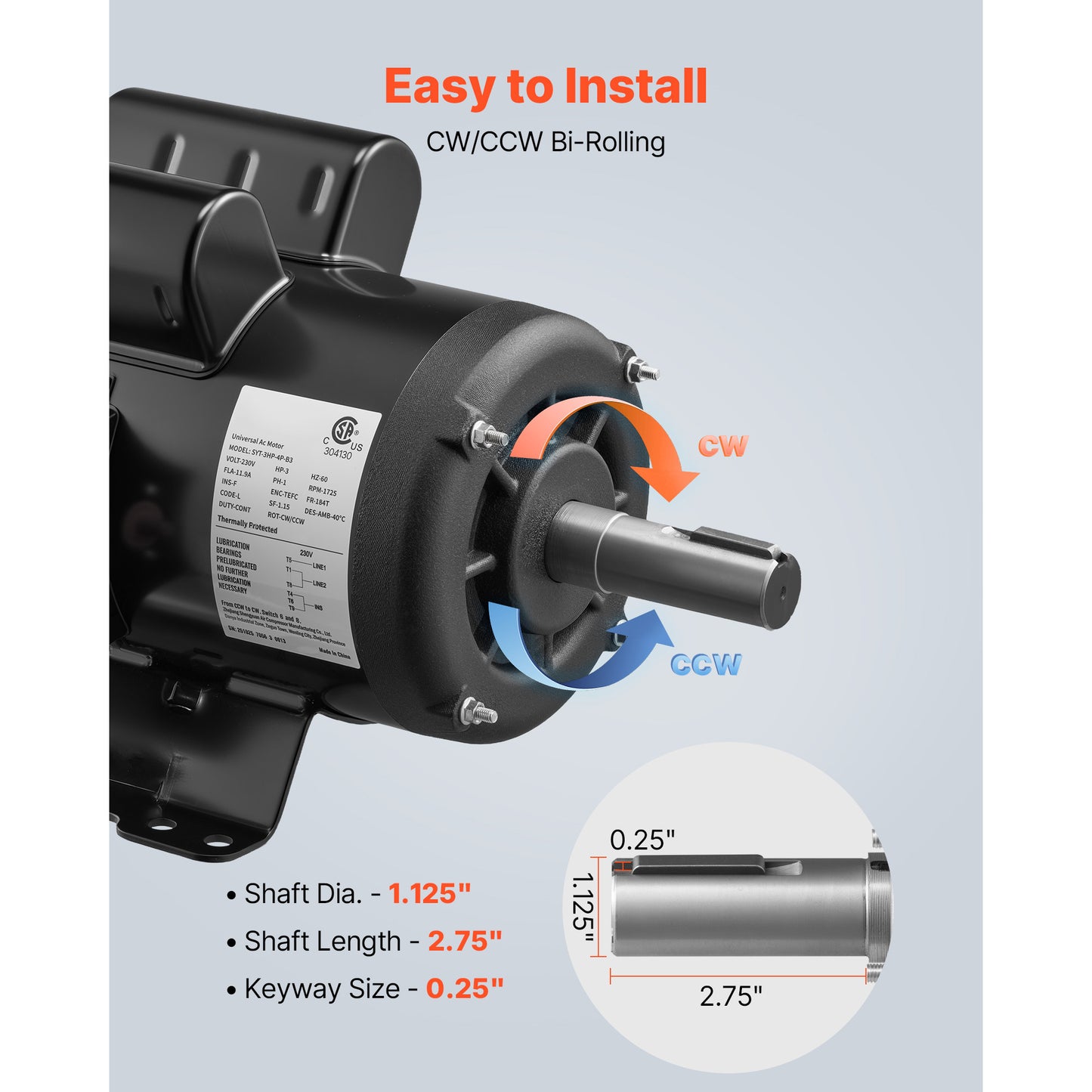 Electric Motor 3 HP 1750RPM Air Compressor Motor CW CCW 230V 12Nm Shaft