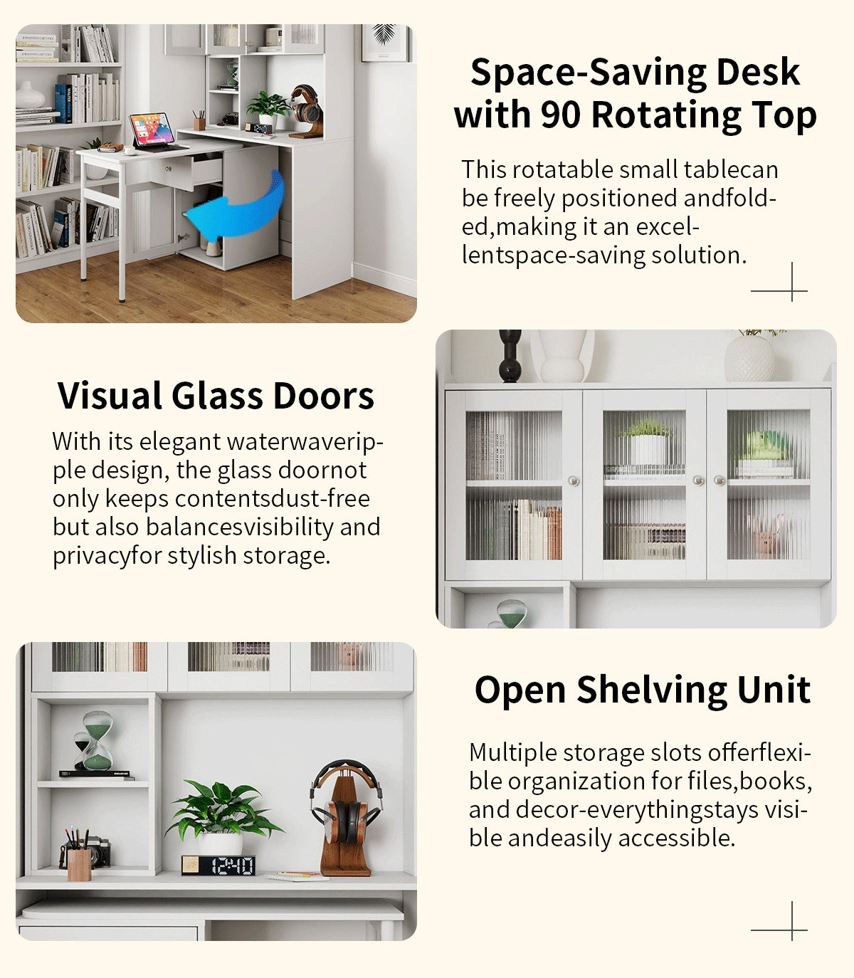 Computer Desk with Glass Door & Hutch - White, Rotating Desktop