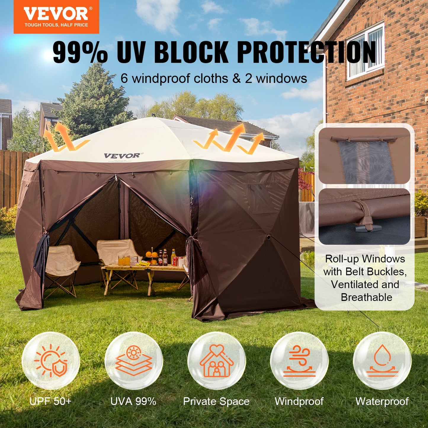 6-Sided Pop Up Gazebo Tent with Removable Privacy & Mesh Windows, 11.5x11.5FT, Brown