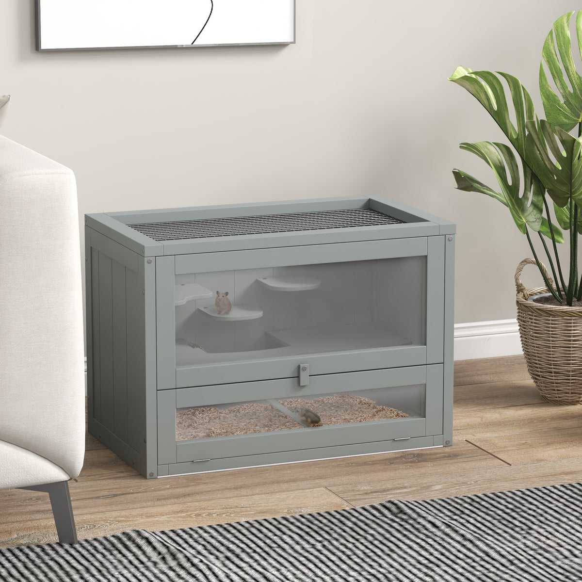2-Level Hamster Cage with Openable Roof and Shelves - Gray, 660x160x455 mm