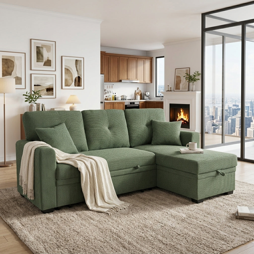 Convertible Sleeper Sofa with Pull-Out Bed & Reversible Chaise - Dark Green