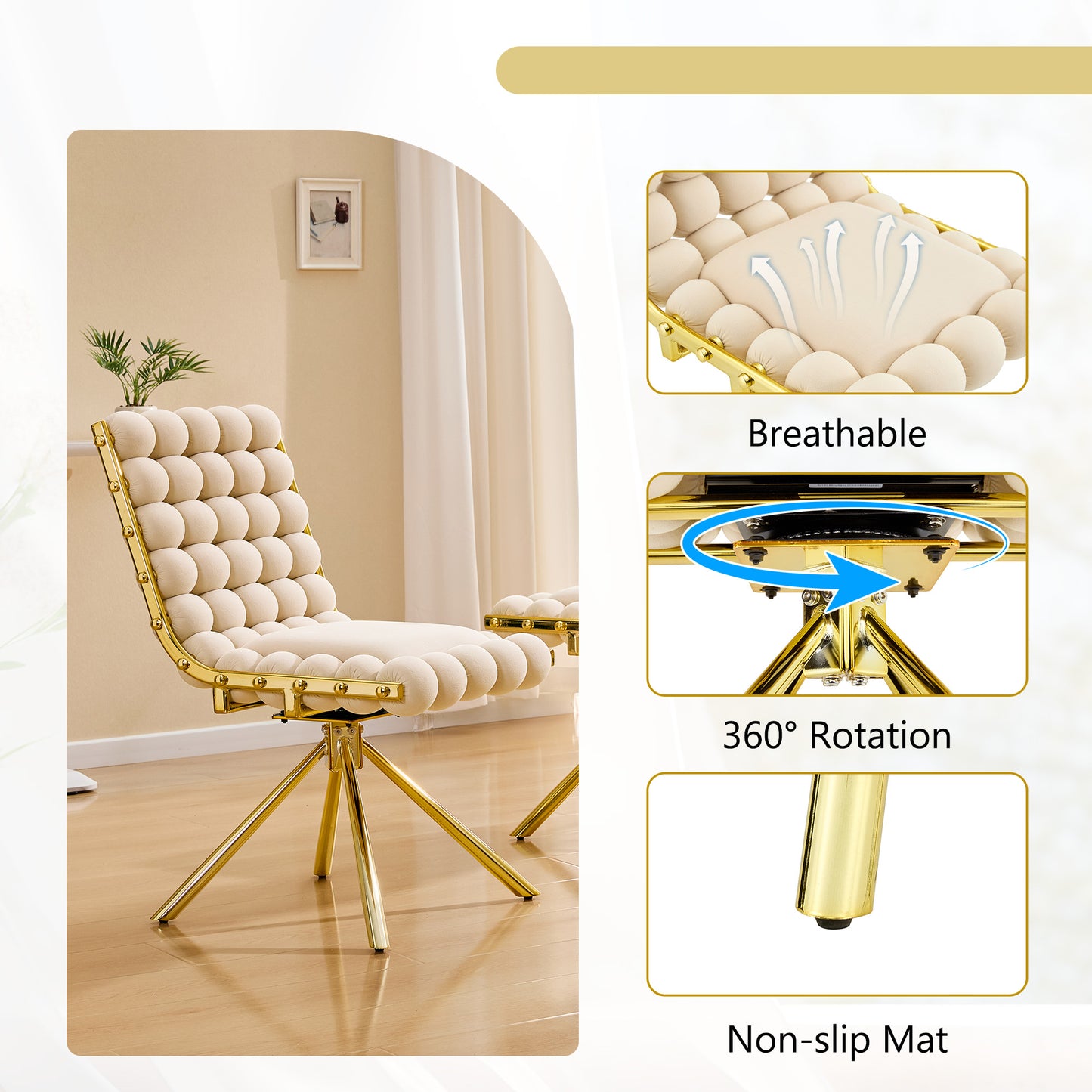 Set of 2 Cream Velvet Bubble Tufted Swivel Accent Chairs