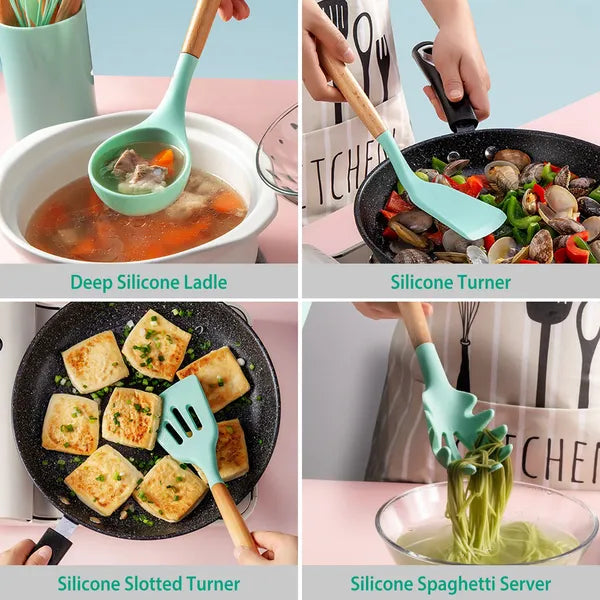 11-Piece Silicone Cooking Utensil Set with Wooden Handles
