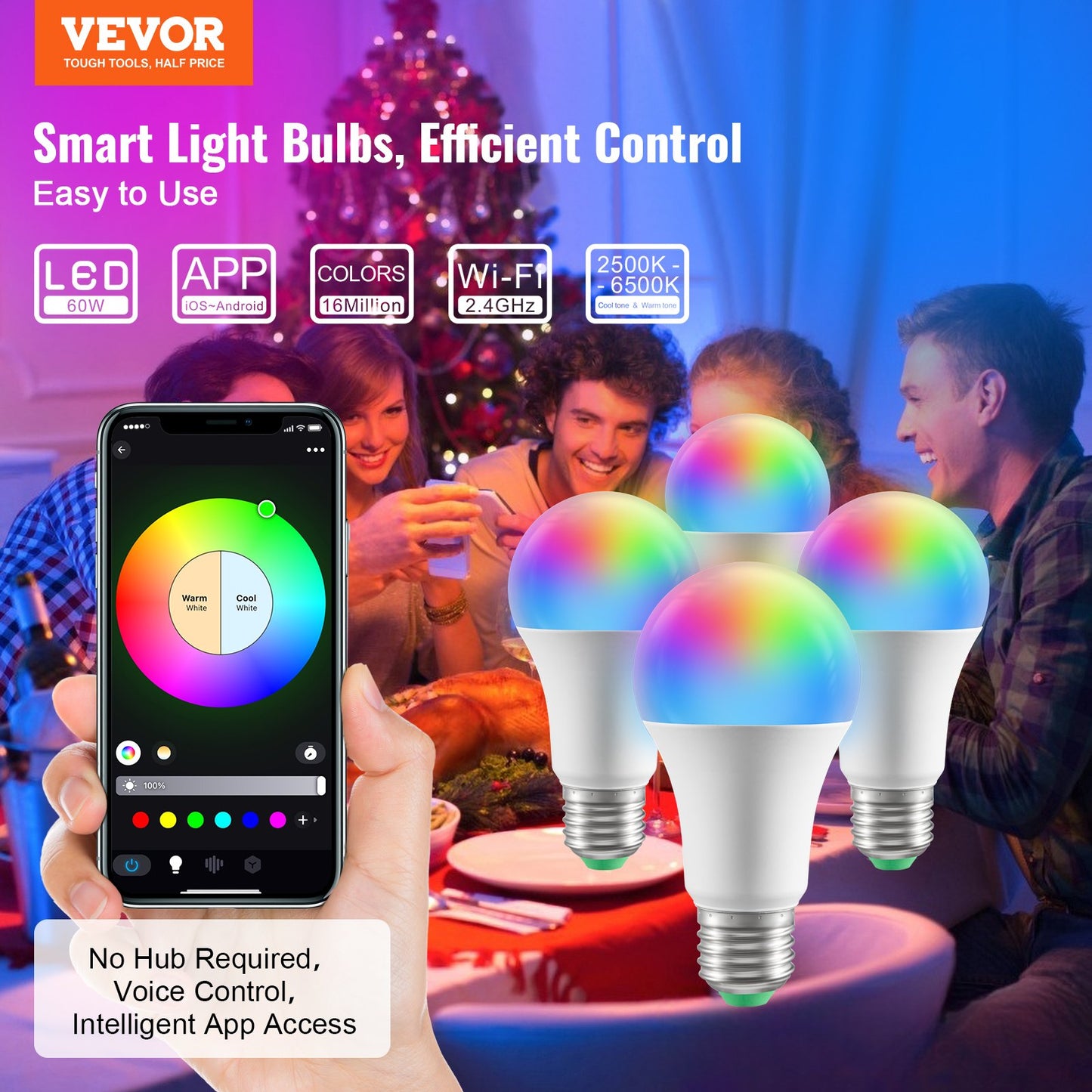 Smart LED Light Bulbs 4-Pack - 9W Multicolor RGB, 800 Lumens
