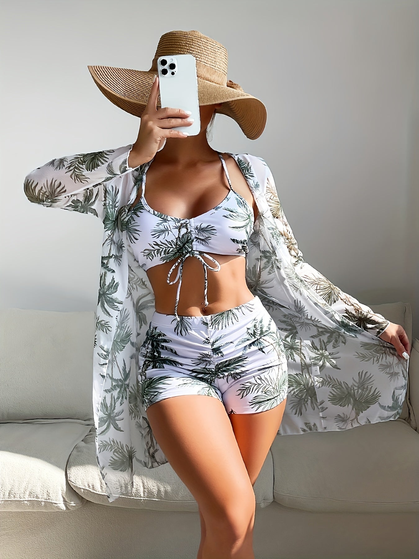 Three-Piece Casual Bikini Set - Elegant V-Neck, High Stretch