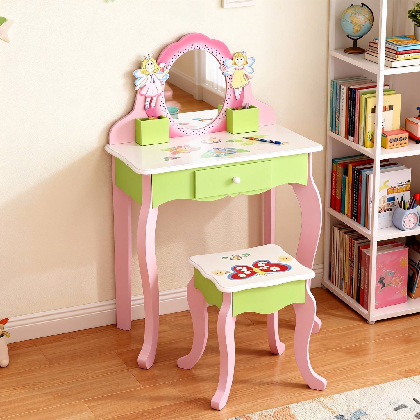 Kids Vanity Set With Mirror Drawer Flower Fairy Design Wooden Toddler