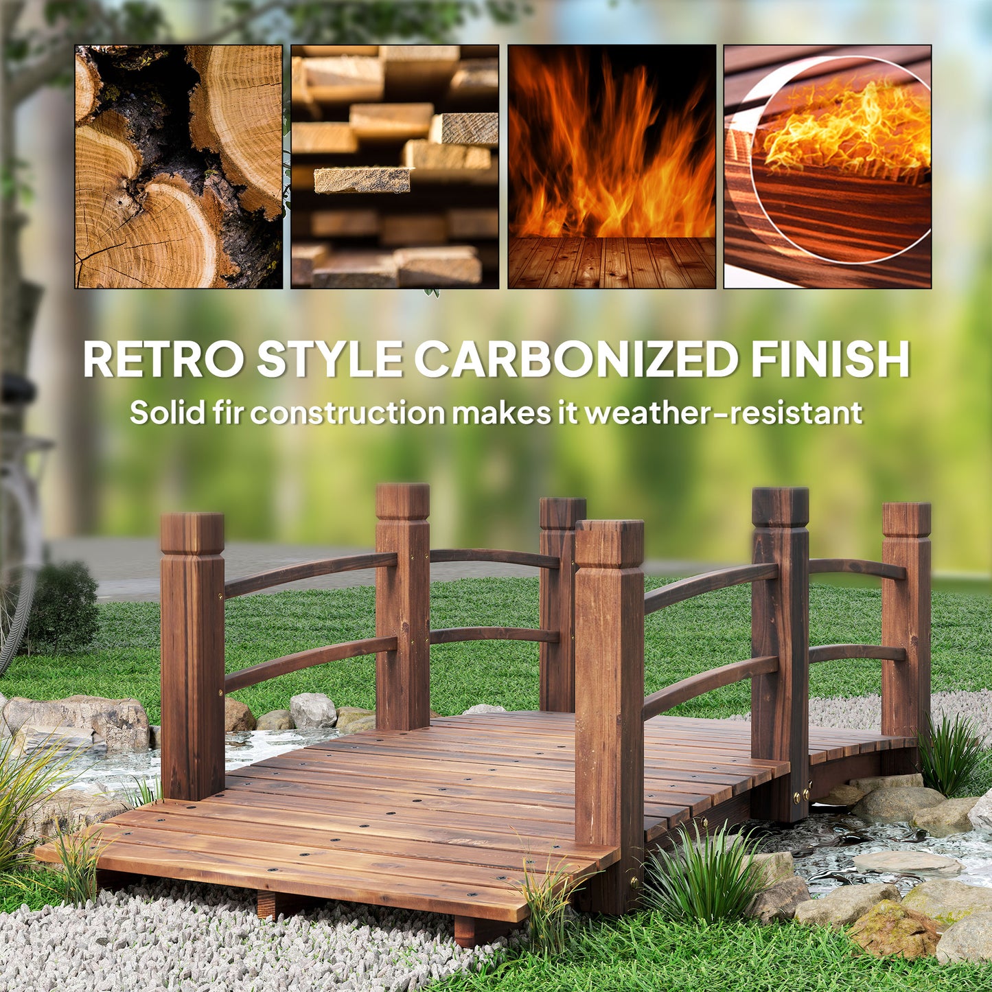 Wooden Garden Bridge with Side Railings - 60 Inch Stained Fir Wood Walkway