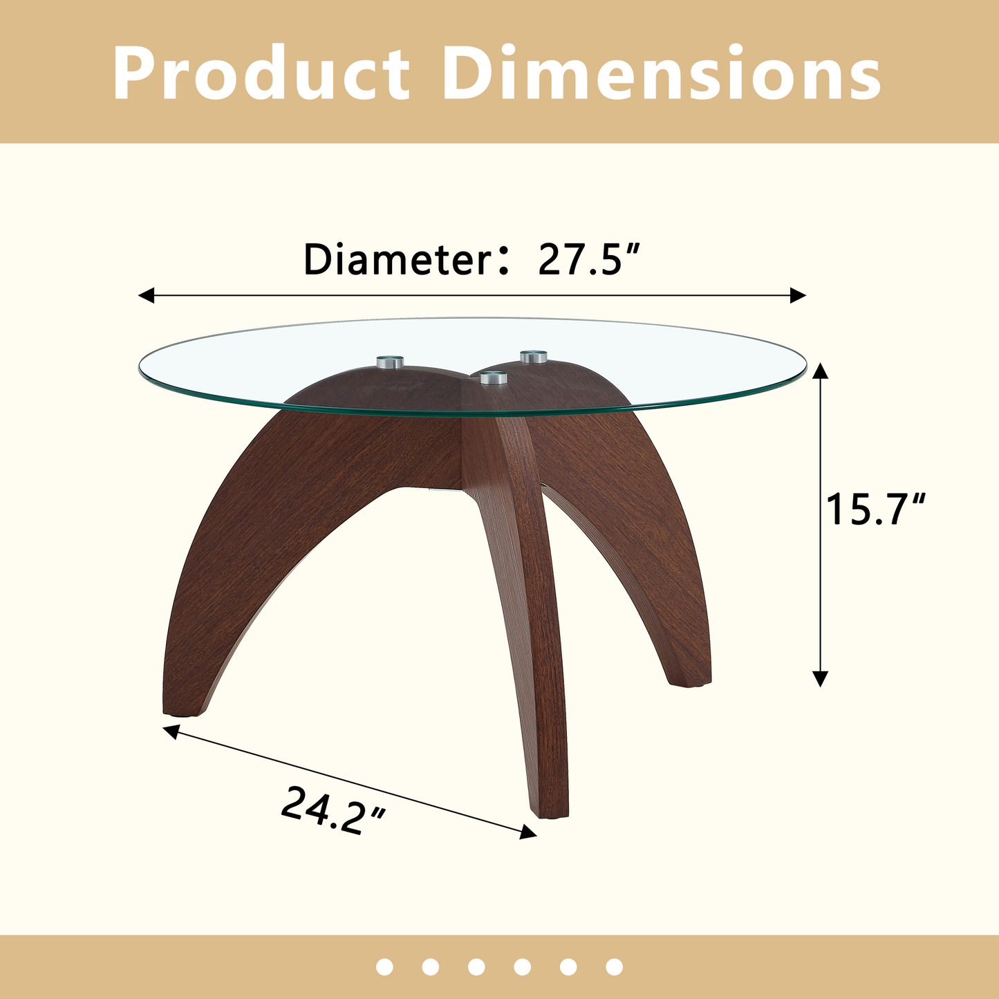 Round Coffee Table with Clear Glass Top and Walnut Legs - 27.5 Inch