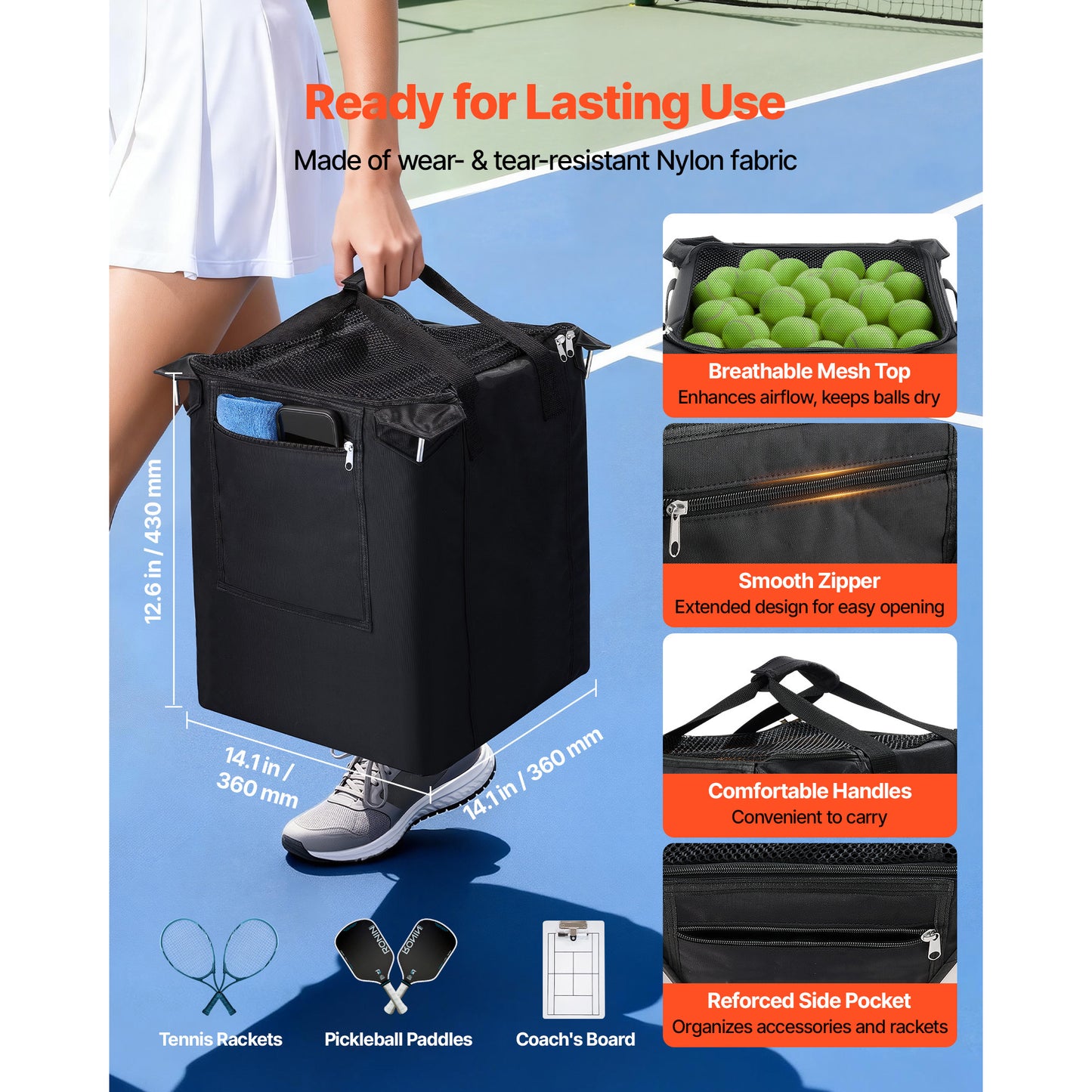 Tennis Ball Hopper with Wheels - Holds 200 Balls, Foldable Pickup Basket for Training