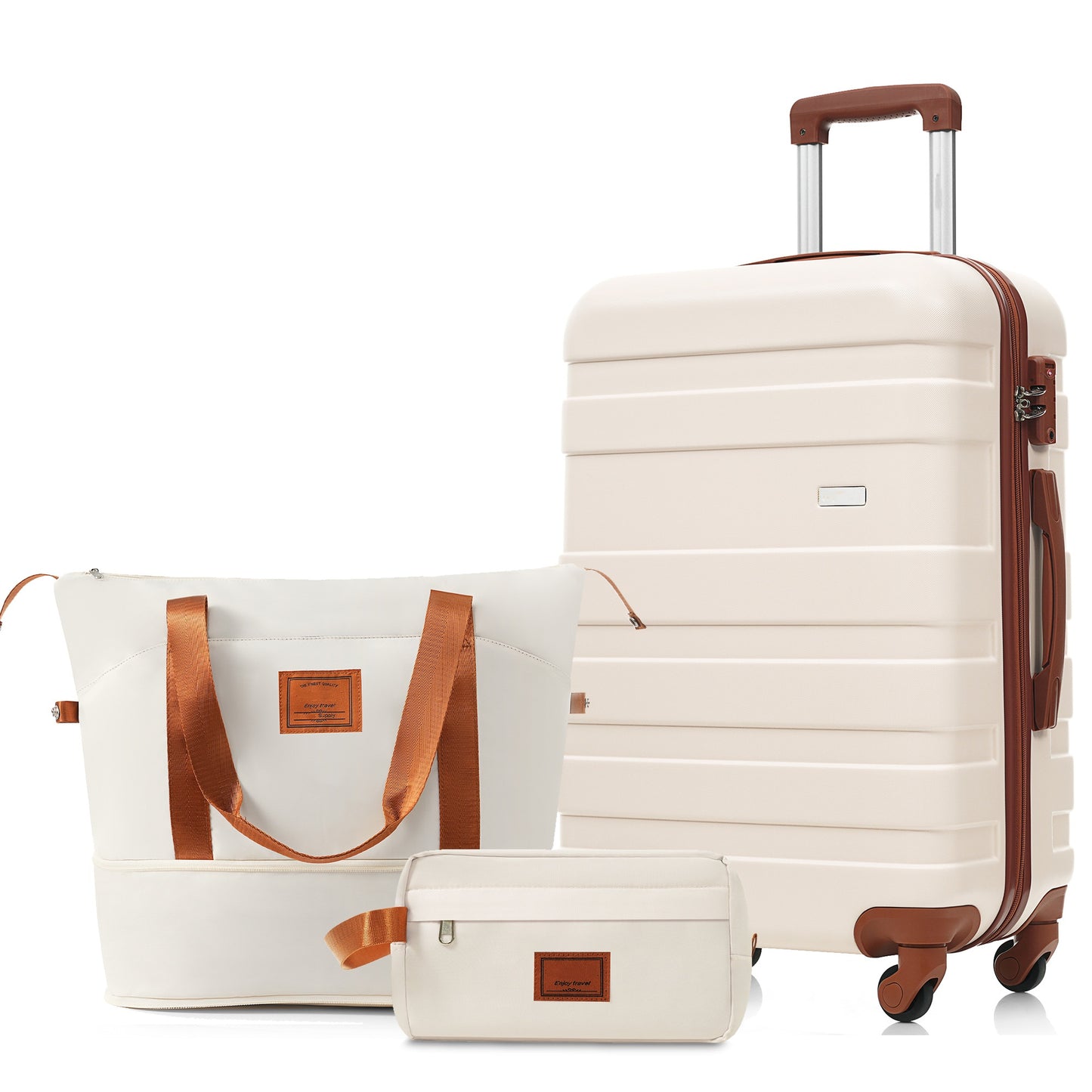 24-Inch Checked Suitcase Set with Duffel & Toiletry Bag - Ivory