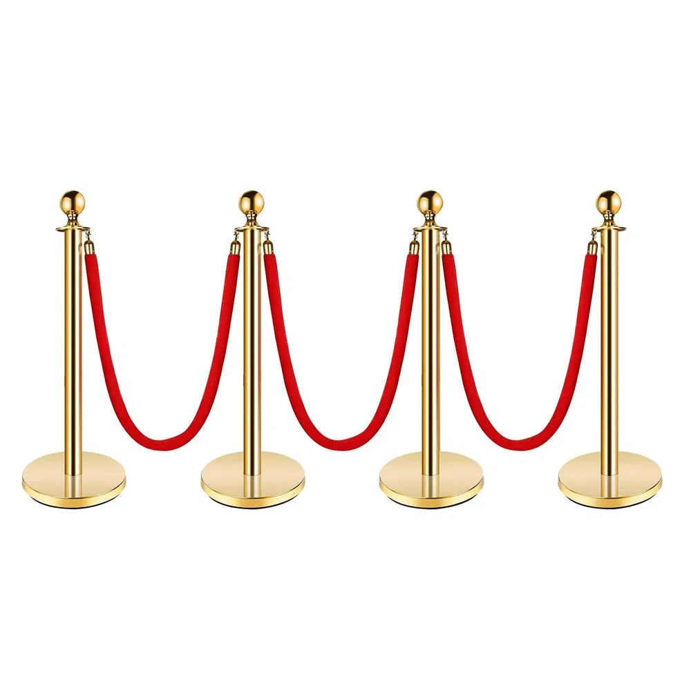 Gold Stainless Steel Stanchions with Red Velvet Rope - 4 Pcs