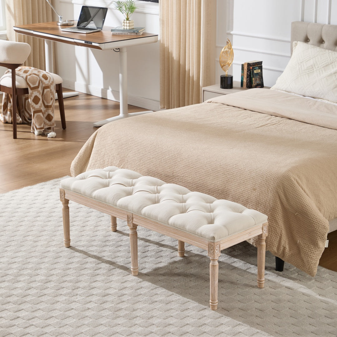 French Vintage Tufted Bedroom Bench - Cream Upholstered Ottoman