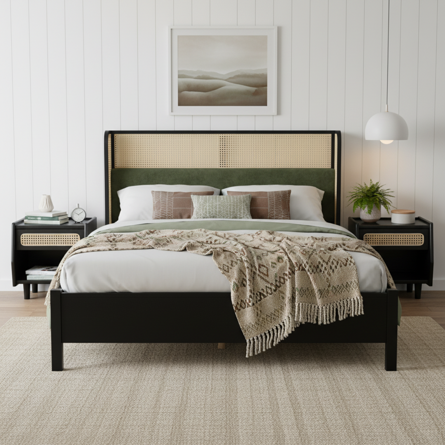 King Size Bed Frame - Black Green, Solid Wood, No Box Spring
