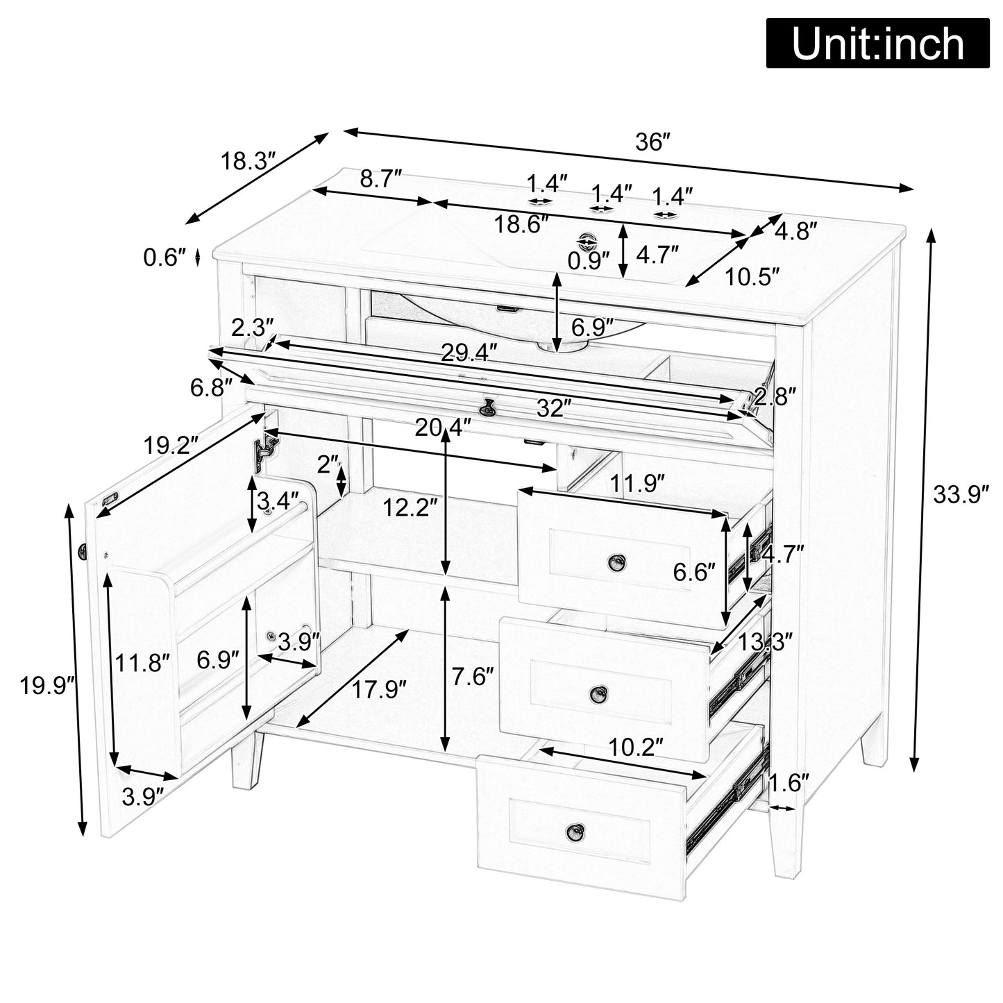 36-Inch White Bathroom Vanity with Sink and 3 Drawers