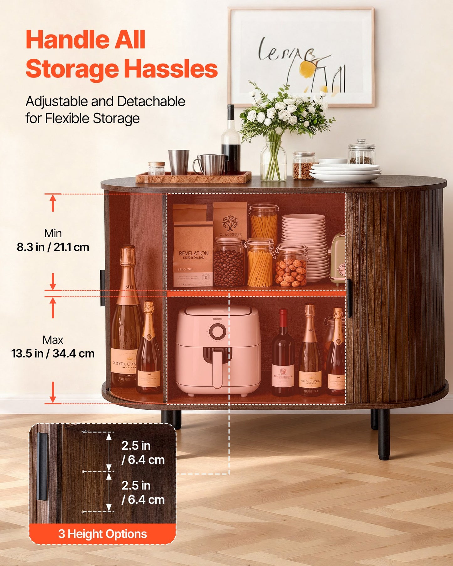Mid Century Coffee Bar Cabinet with Sliding Doors - Walnut Finish, Versatile Storage