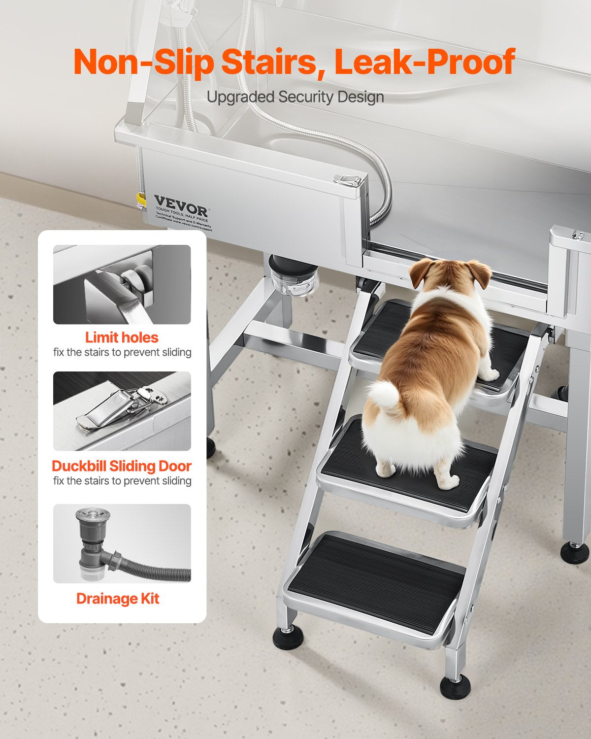 34-Inch Stainless Steel Dog Grooming Tub with Shower Faucet and Non-Slip Stairs