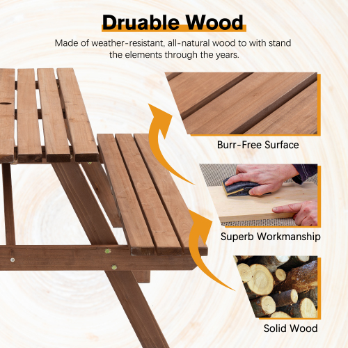 8-Person Brown Wooden Picnic Table with Benches - 2220lb Capacity