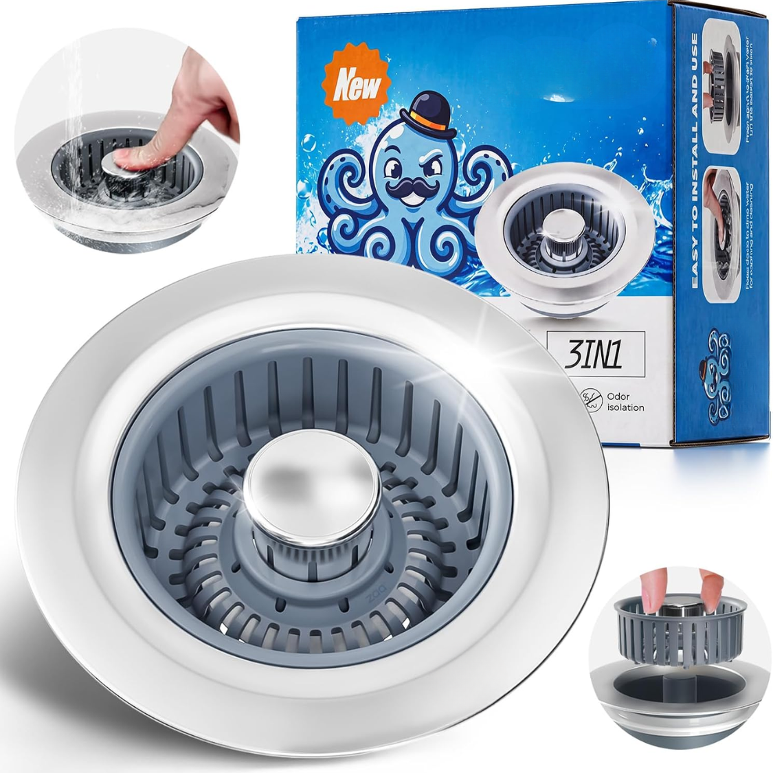 3-In-1 Kitchen Sink Drain Strainer Stopper with Anti-Clog Basket - Silver
