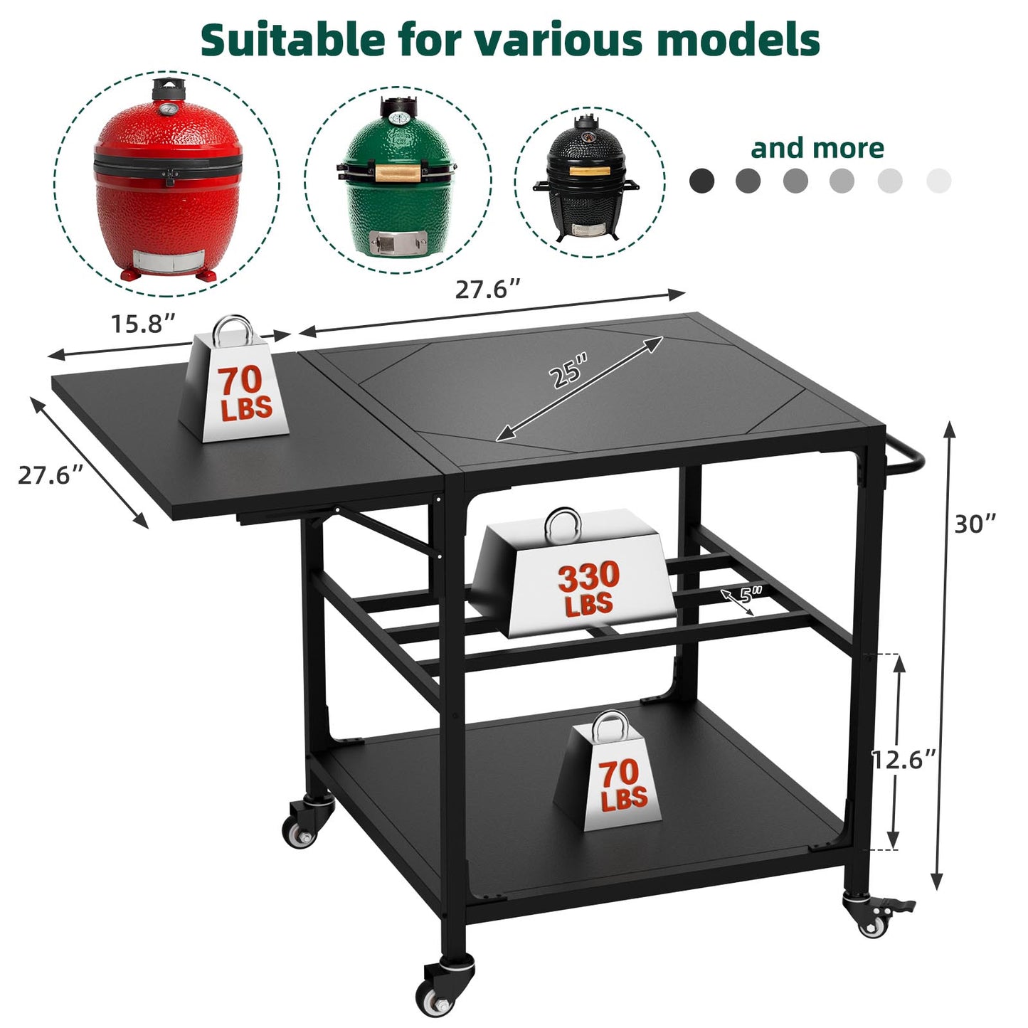 Heavy Duty Metal Outdoor Grill Table for Big Green Egg & Kamado Grills - Black