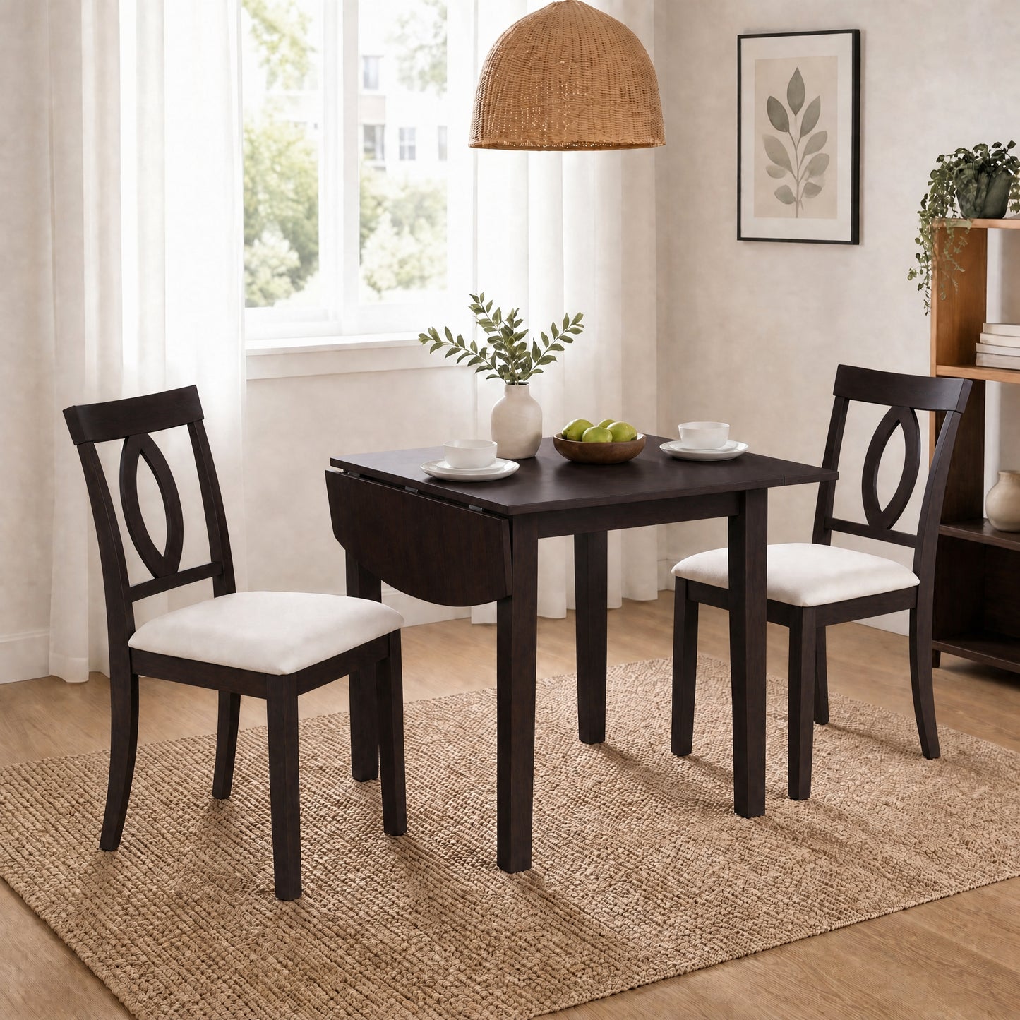 Drop Leaf Dining Table Set with 2 Upholstered Chairs - Dark Brown