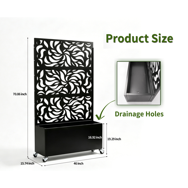 Outdoor Leaf Pattern Privacy Screen with Planter Box - Black Metal Freestanding Garden Fence