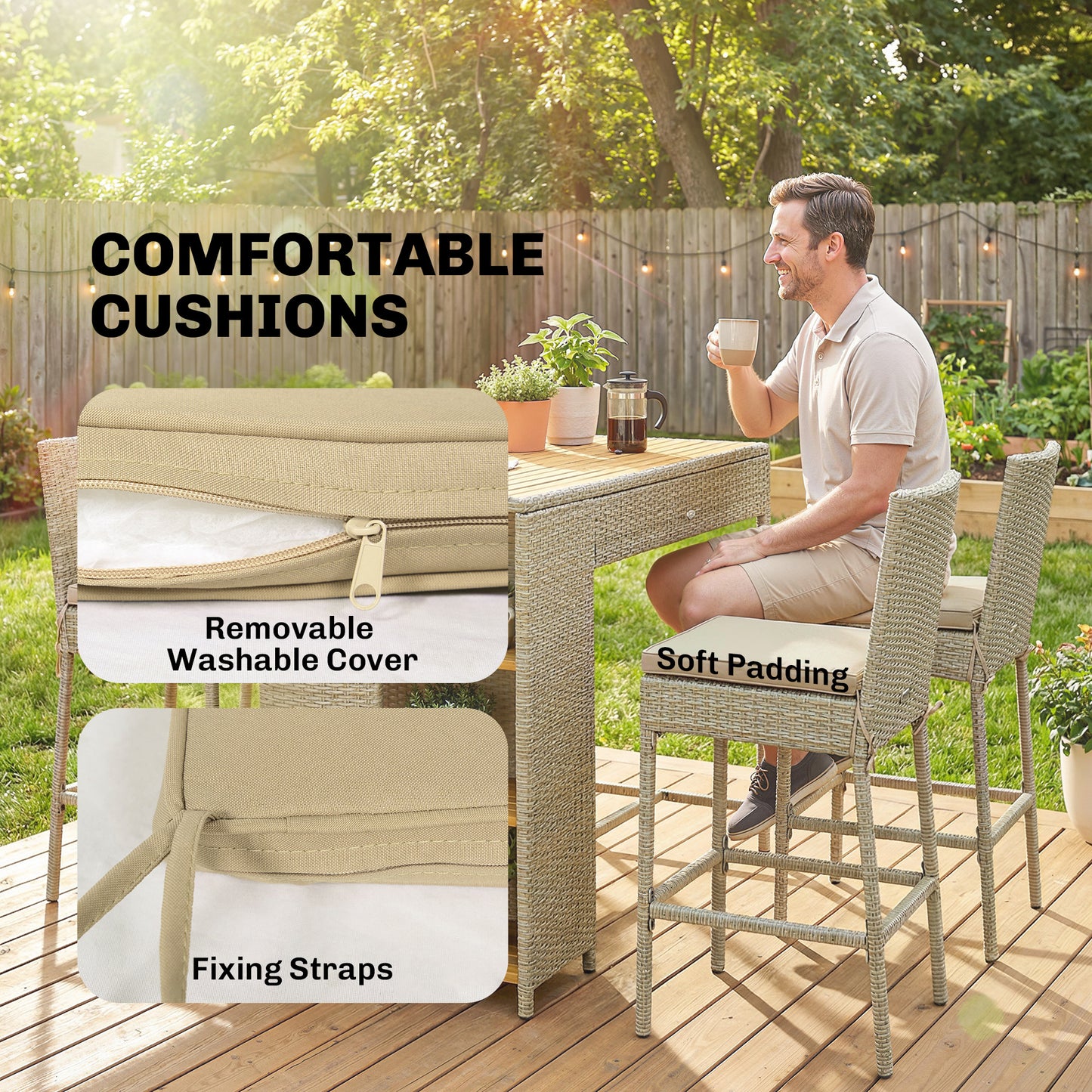 Outdoor Bar Set with Acacia Wood Table & 4 Chairs - Brown