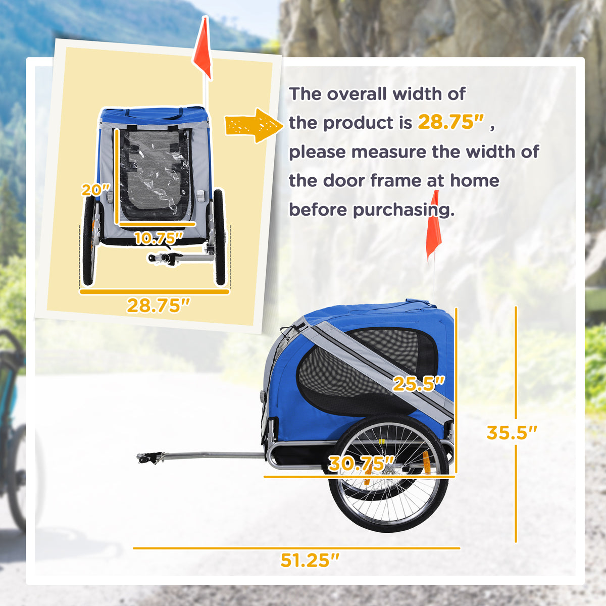 Pet Bike Trailer with Folding Frame, 20-Inch Wheels, Mesh Screens, Blue and White