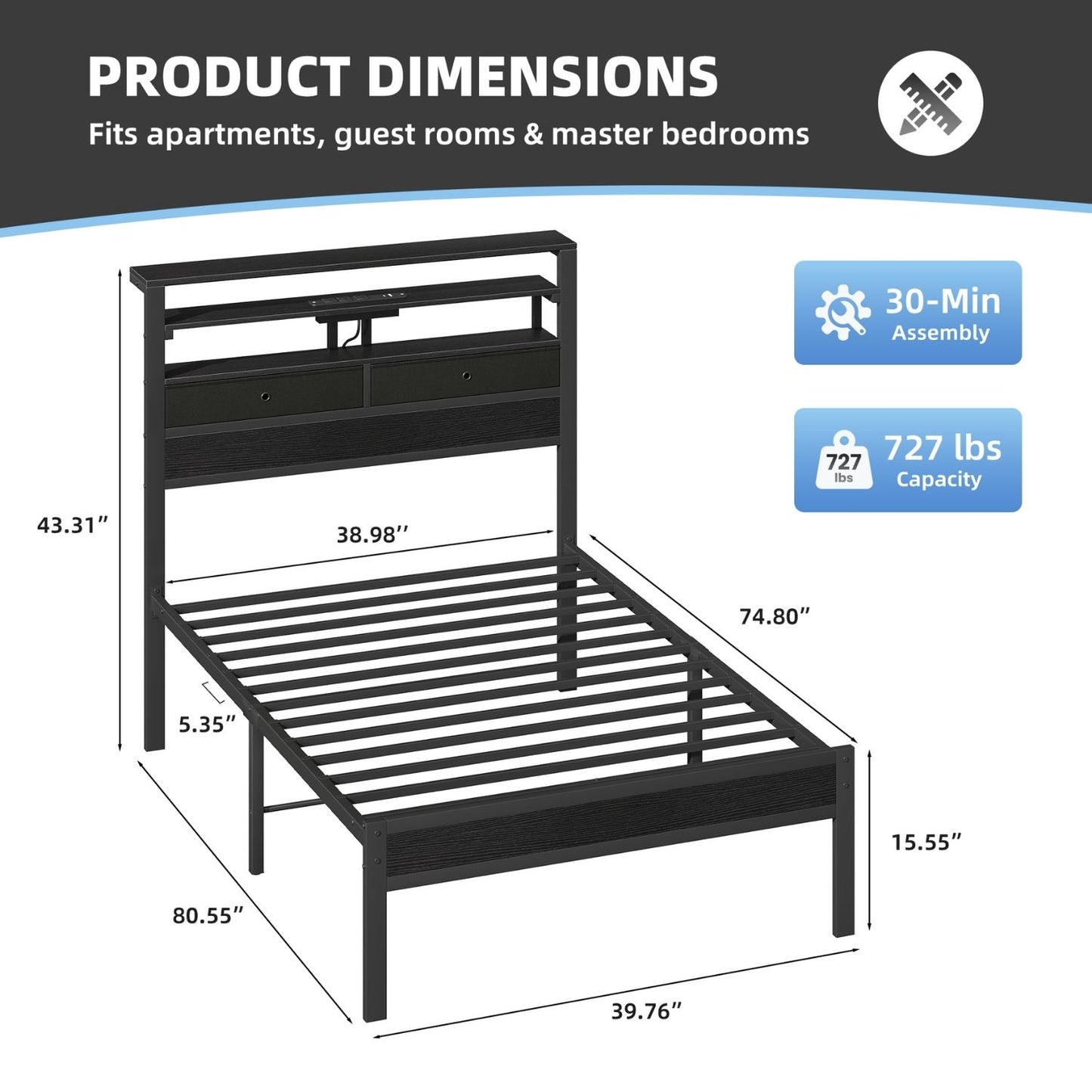 Full Bed Frame with LED Lights & Charging Station - Wood Headboard, Storage Drawers