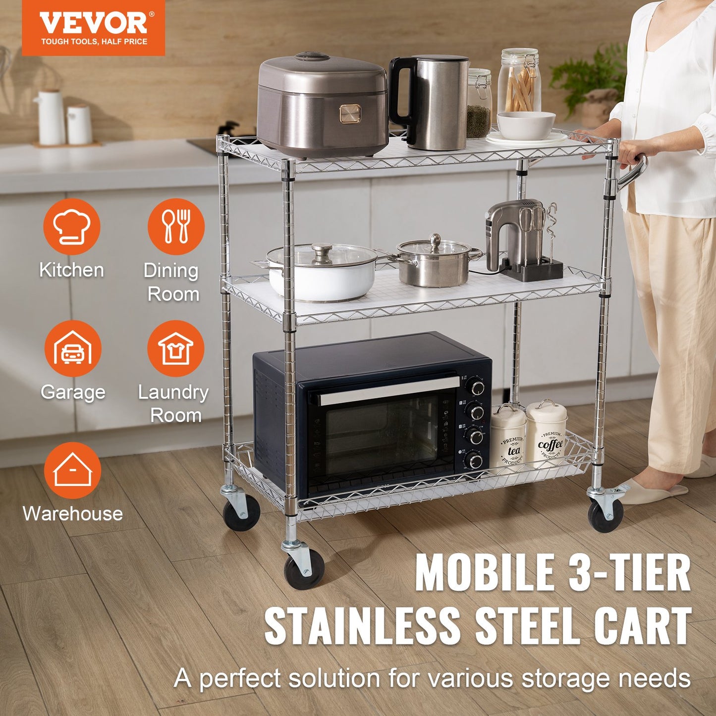 3-Tier Rolling Utility Cart - Adjustable Shelves, 661 lbs Capacity