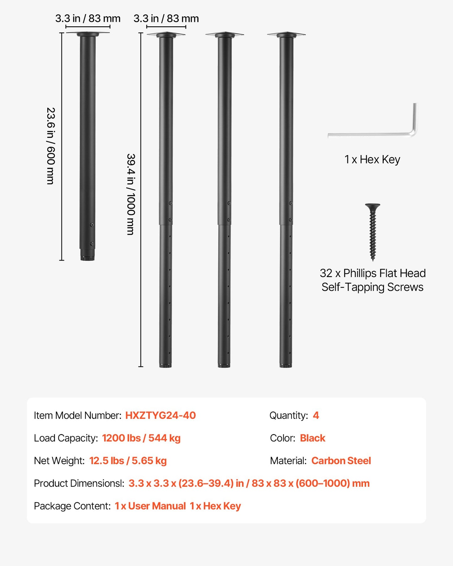 Heavy Duty Adjustable Steel Table Legs 24-40 Inch Black for DIY Desks & Tables