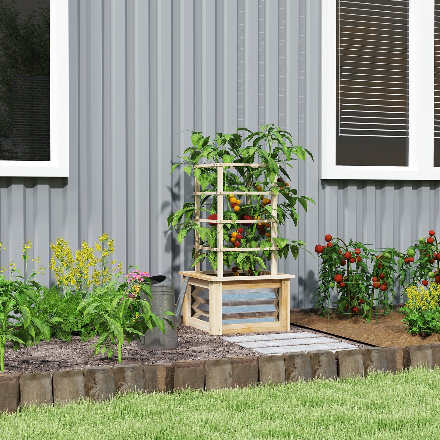 Wooden Raised Garden Bed with Trellis - Outdoor Vegetable Planter, 17.7x17.7x35.4 Inches