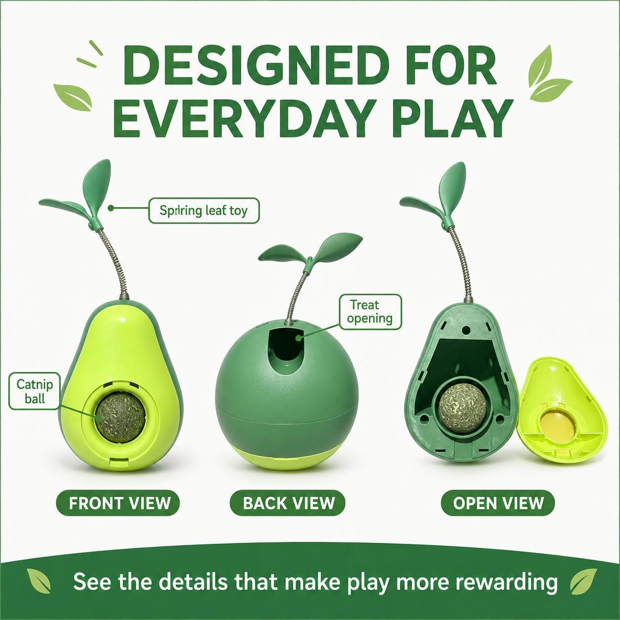 Avocado-Shaped Cat Interactive Wobble Toy with Feather & Catnip Ball - Indoor Pet Toy