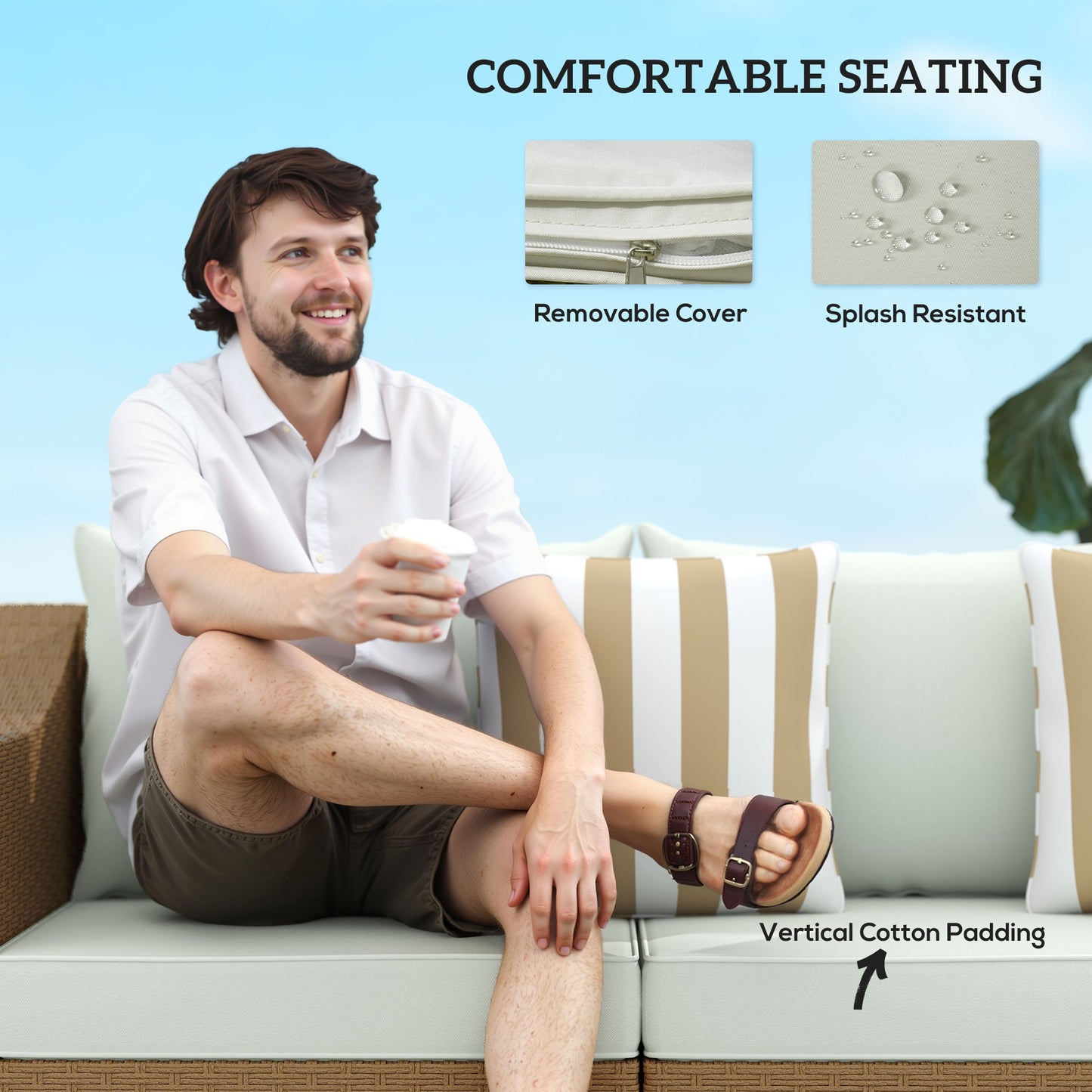 Light Gray Rattan Wicker 3-Seater Outdoor Sofa with Cushions