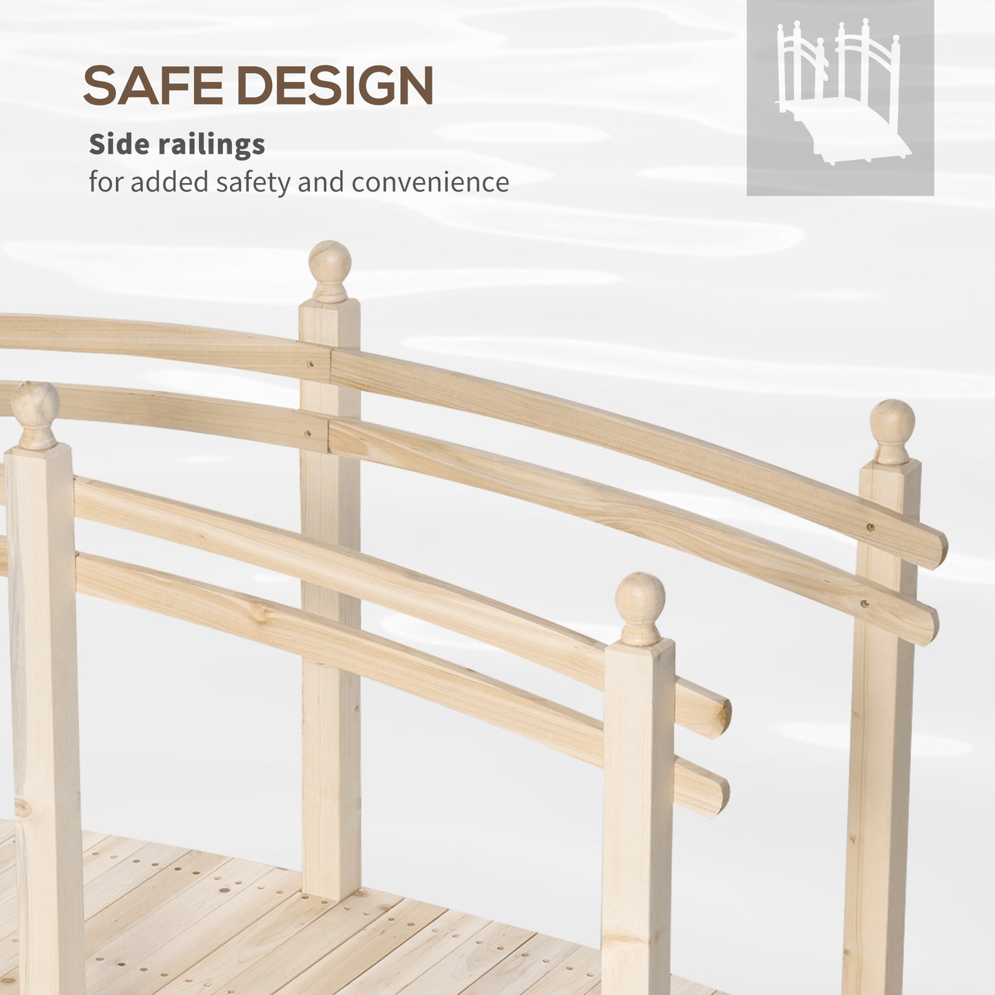 Wooden Garden Bridge with Safety Rails - 7.5 ft Natural Fir Wood for Ponds and Walkways