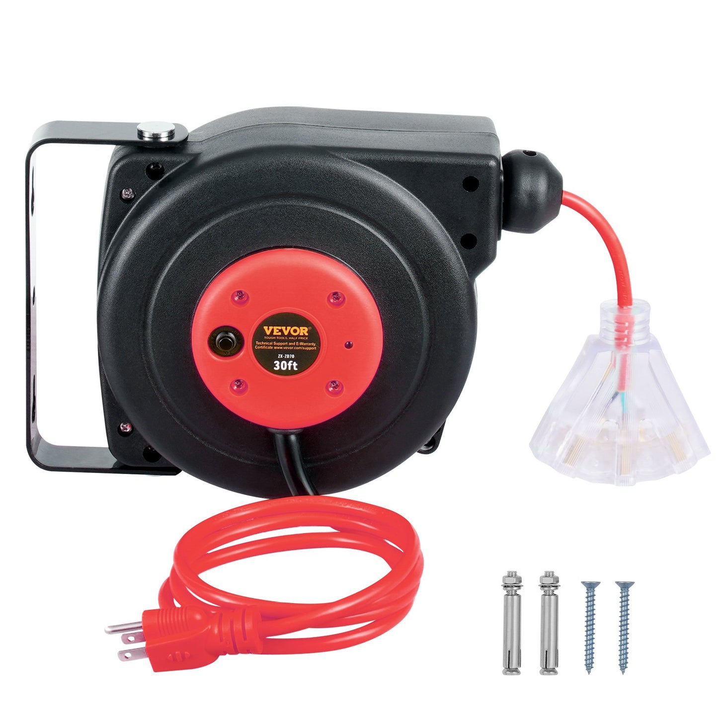 Retractable Extension Cord Reel 30FT 16AWG Water-Resistant Power Cord with 3-Outlets