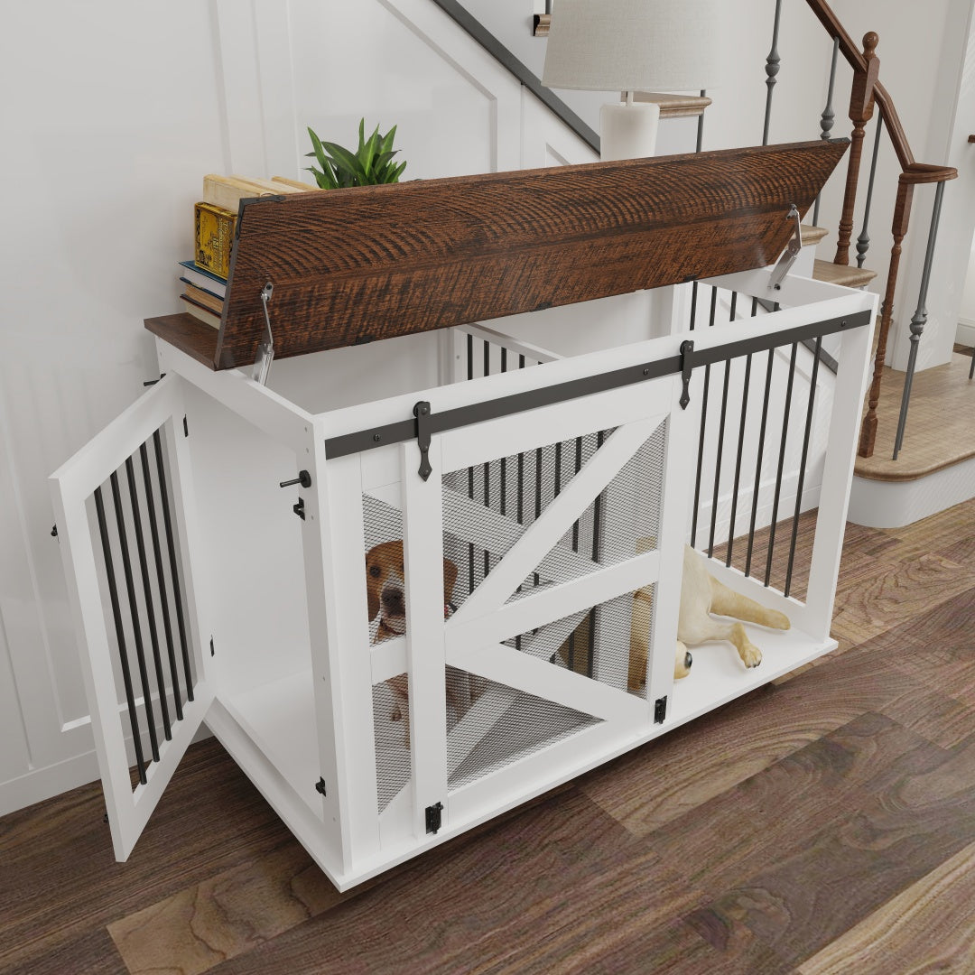 47.2-Inch Mobile Dog Crate with Flip-Top Feeding Door, Dual-Access & Casters