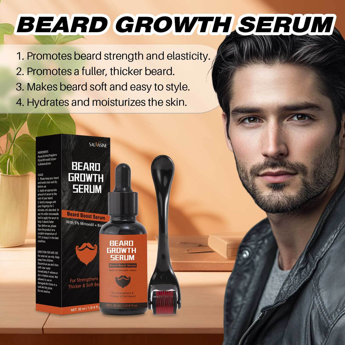 Beard Microneedle Roller & 30ml Beard Serum Set - Facial Grooming