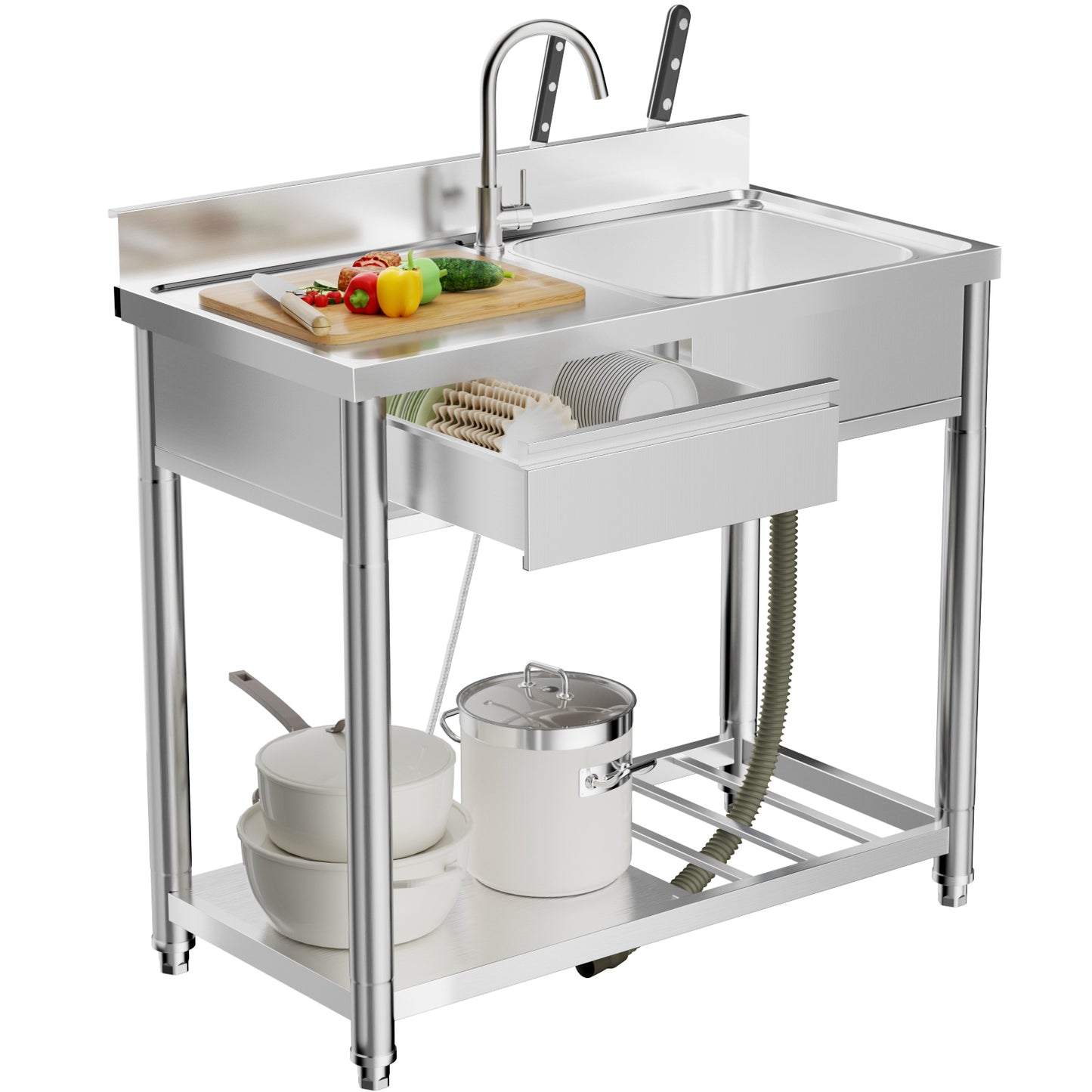304 Stainless Steel Outdoor Utility Sink with Workbench & Shelf