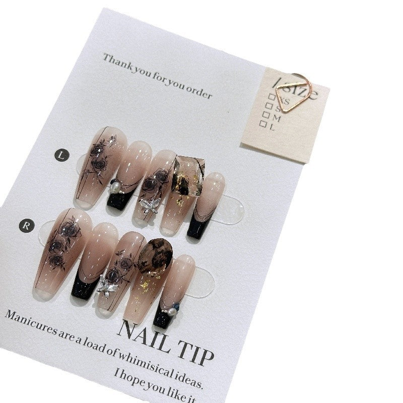 Handmade Long Camellia Press-On Nail Tips with Floral Bow Designs
