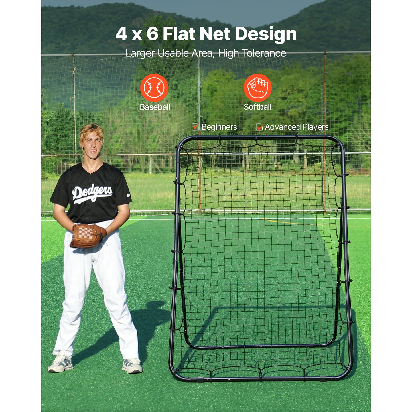 Baseball Softball Rebounder Net 4x6 ft Pitch Back Trainer with Adjustable Angles