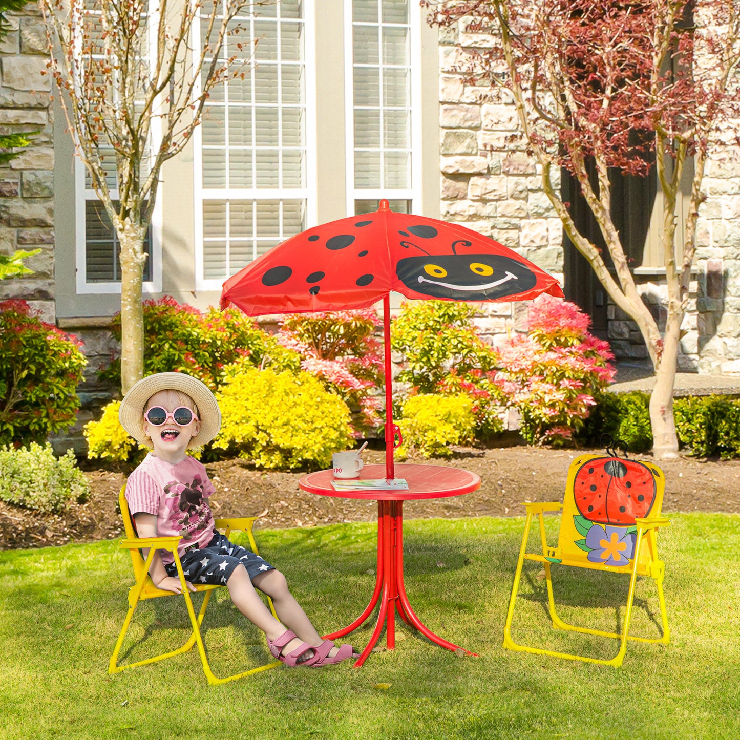 Kids Outdoor Table and Chair Set with Adjustable Umbrella - Red