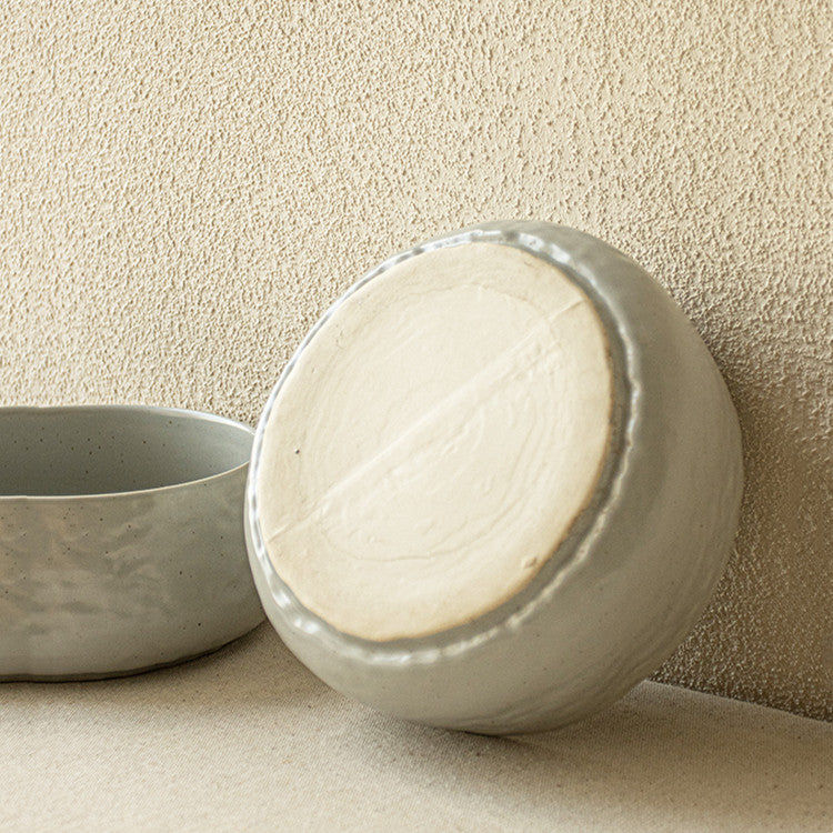 Round Ceramic Fruit Salad Bowl with Ripple Design - Grey