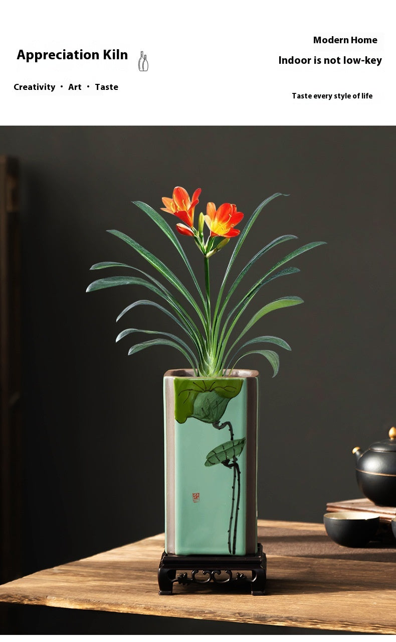 Indoor Decorative Ceramic Flower Pot with Support - Retro Square Design
