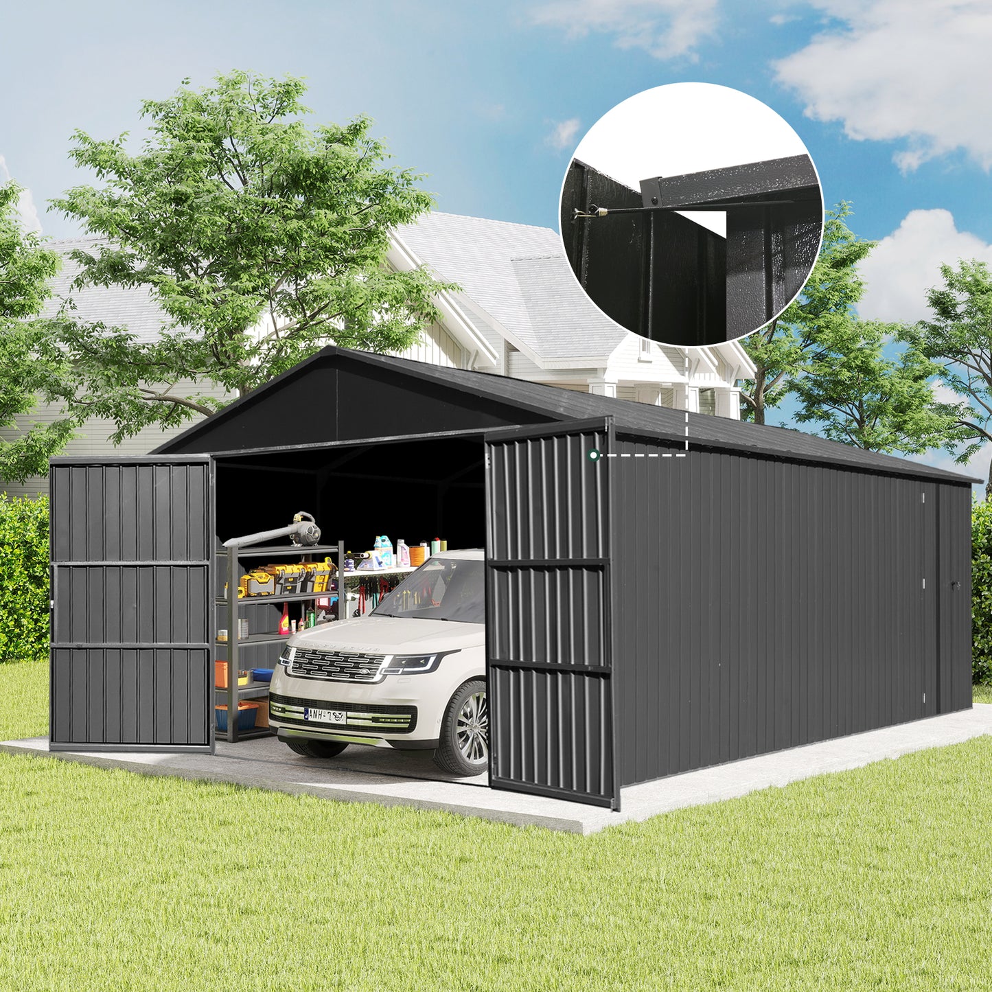 12x15FT Outdoor Metal Garage Shed, Extra Large Carport With Lockable