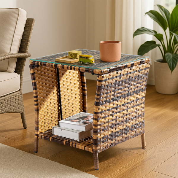 Glass Surface Yellow Gradient Rattan Side Table - Modern Home Decor