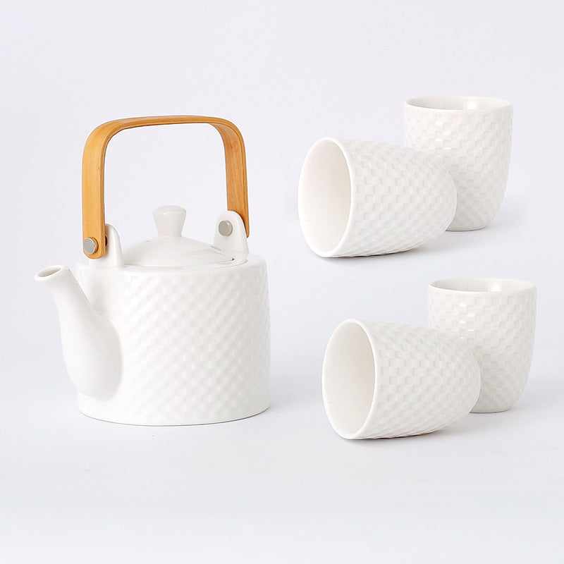 Japanese Ceramic Tea Set with Cups and Pot - White or Black Checkered Finish