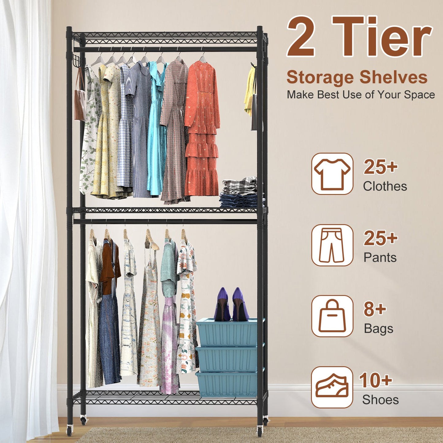 1Pc 2 Tier Foldable Clothing Rack With Cover Portable Wardrobe Closet