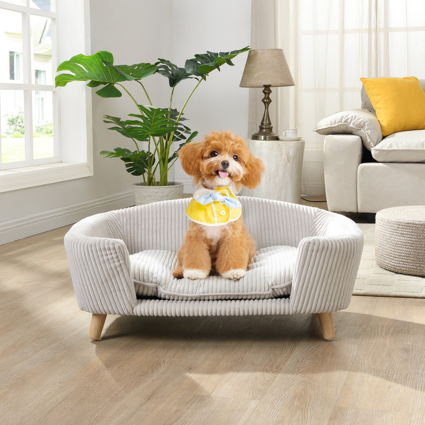 Small Dog Elevated Bed Frame with Corduroy Cushion & Rubber Wood Legs - Beige