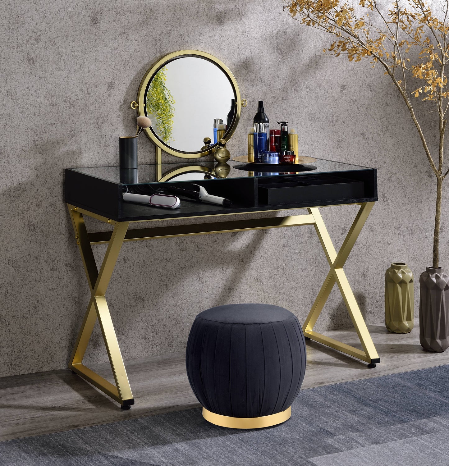Black & Gold Finish Vanity Desk with Mirror & Jewelry Tray