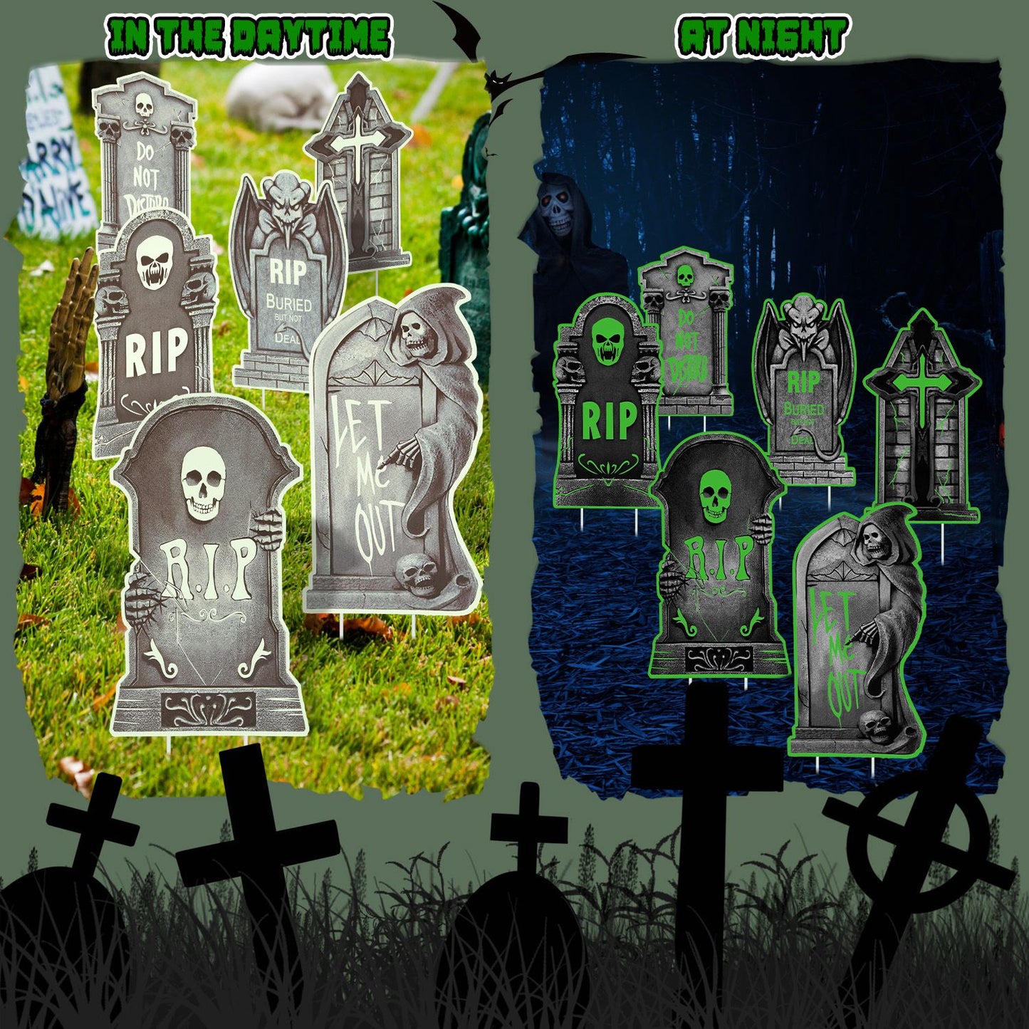Glow In The Dark Halloween Yard Sign Set - 6 Pcs Skeleton & Cat